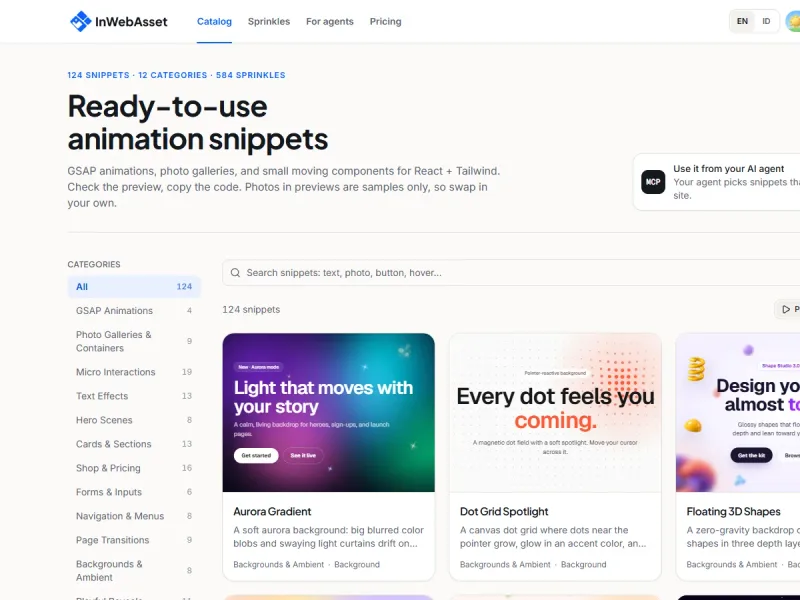 InWebAsset catalog showing searchable animation snippets and previews