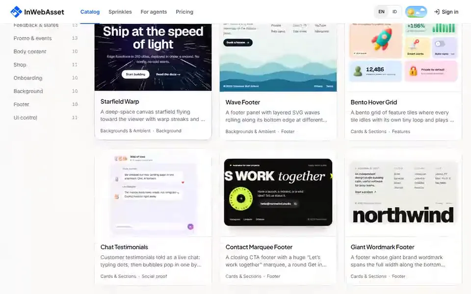 InWebAsset animation snippet catalog interface