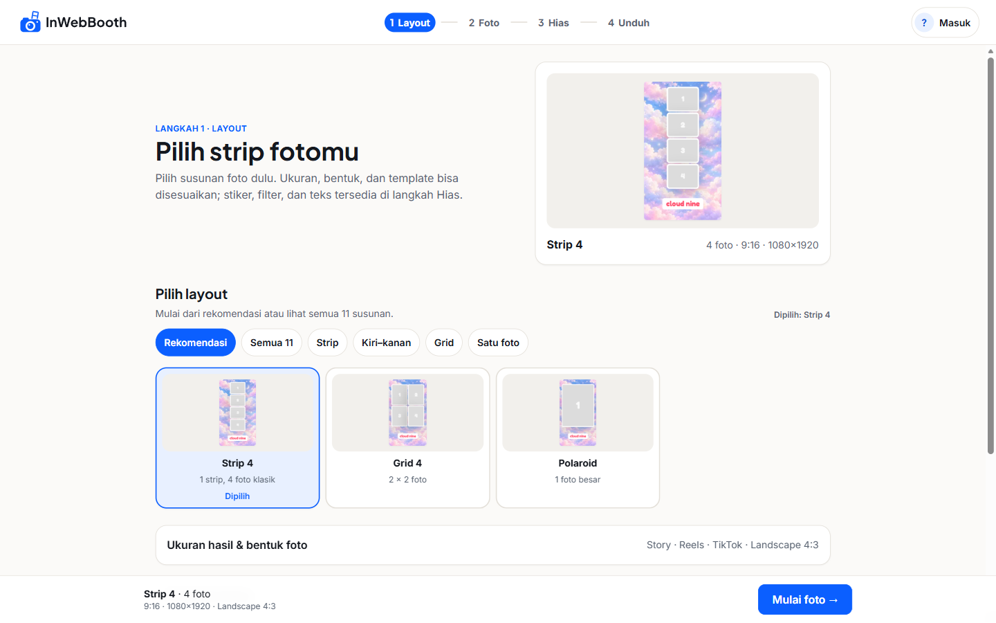 Live InWebBooth layout picker with strip and grid photo templates