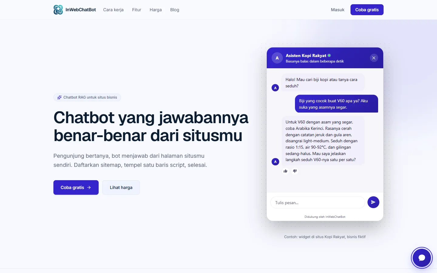 InWebChatBot product page with an example AI chat widget