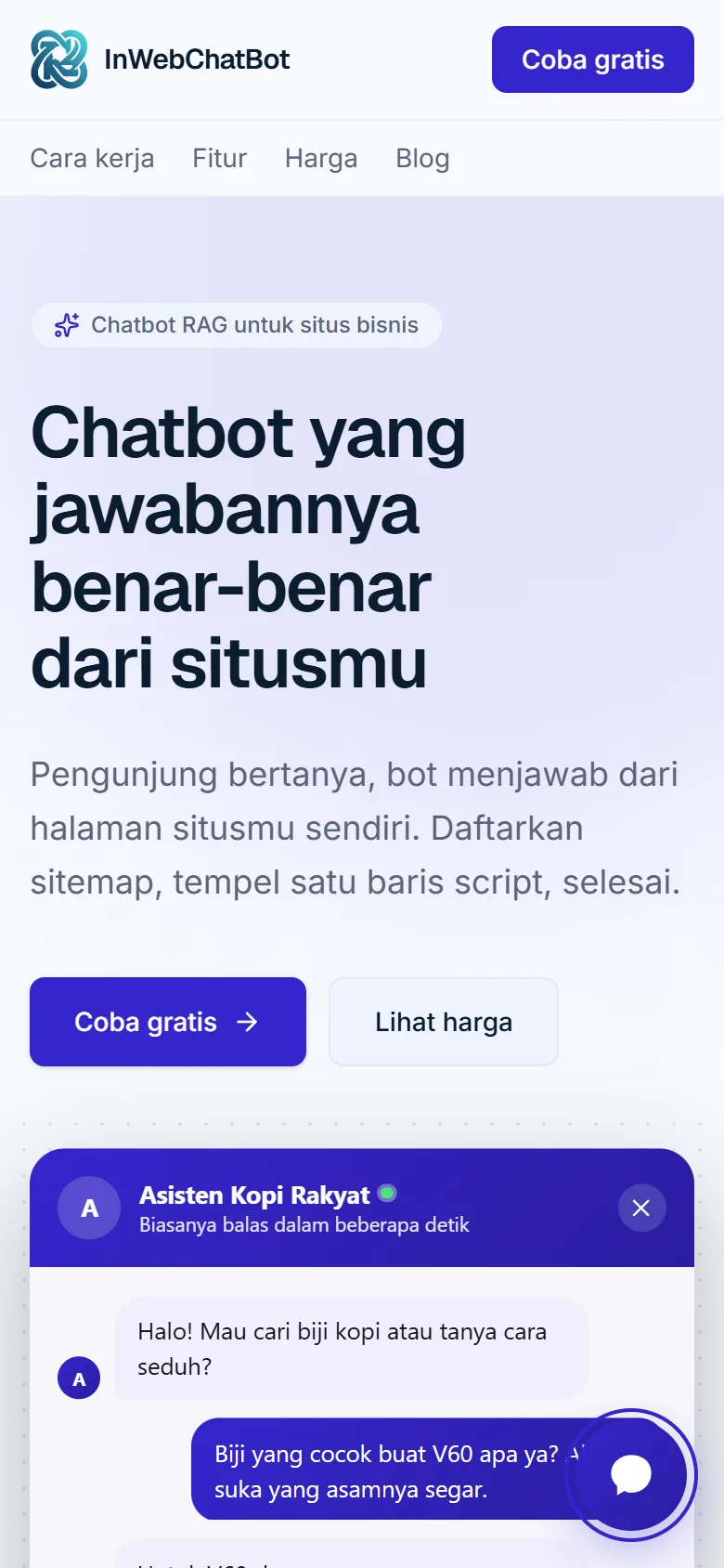 InWebChatBot public product and embedded chat widget view