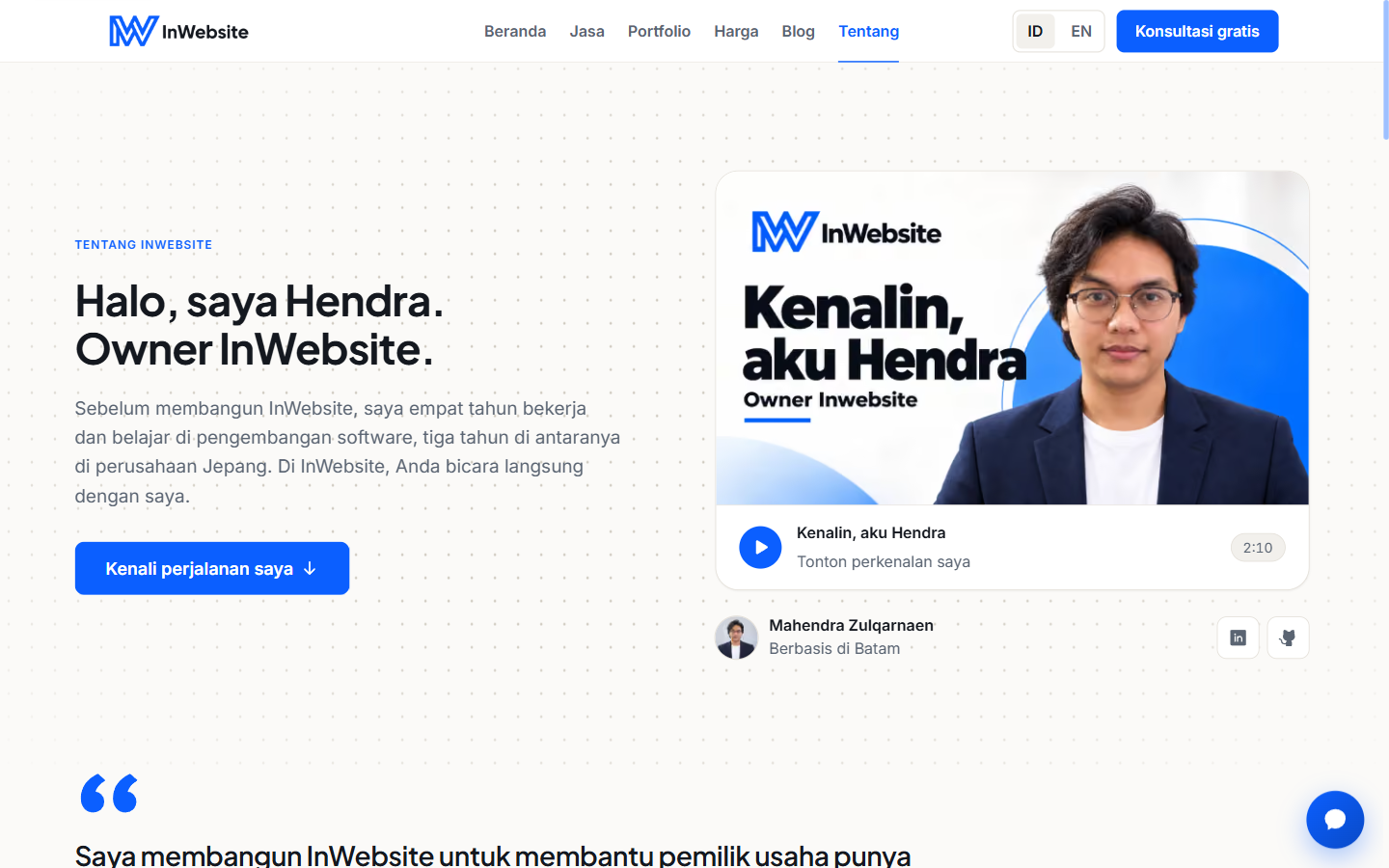 Live InWebsite About page showing the owner profile and product portfolio