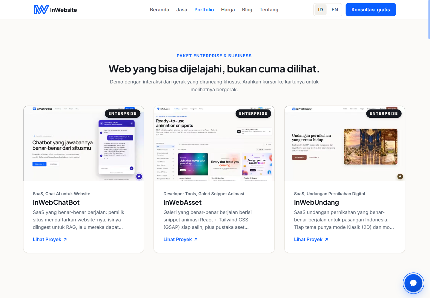 InWebsite public portfolio page displaying its three live software products
