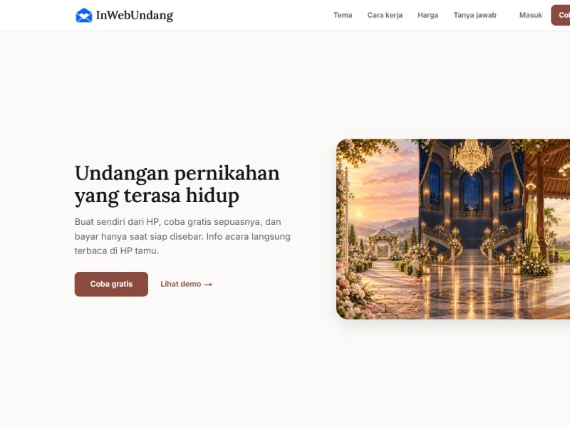 InWebUndang landing page showing a digital wedding invitation theme